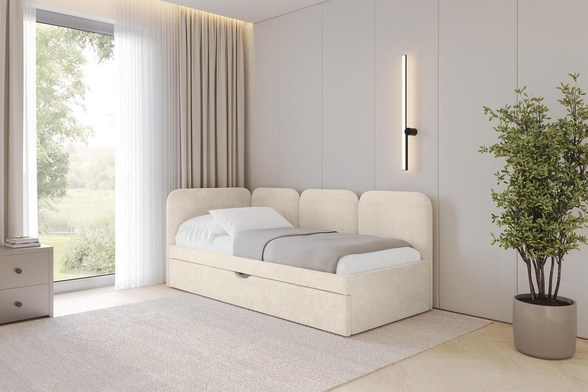 EINZELLBETT Jugendbett mit Bettkasten und Matratze H3/H4, Rechts - ALVY 90x200 Beige - Naturfarben, Holzwerkstoff/Textil (90/200cm) - ALTDECOR