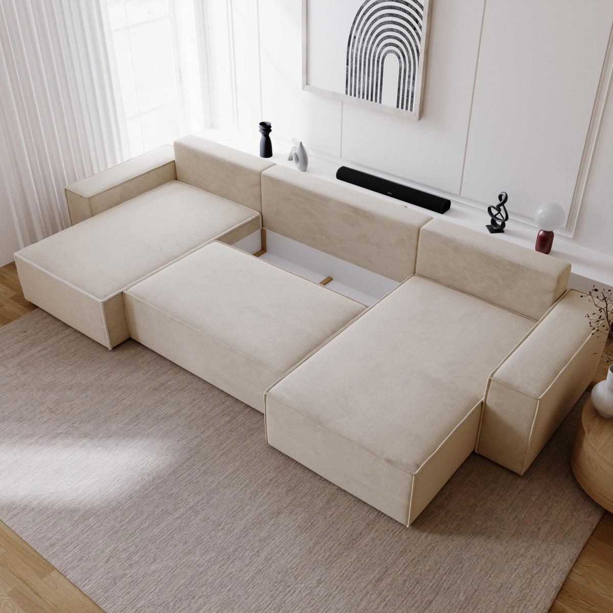 ECKSOFA 380 cm Bergamo U mit Bettkasten, Samt, Beige - Beige, Holz (377/189cm) - Emporius