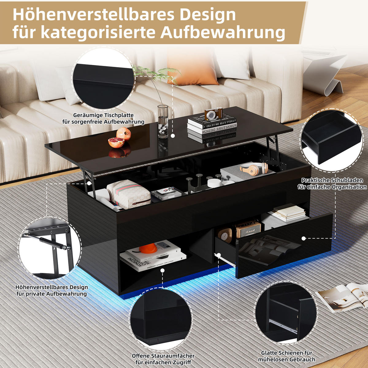 COUCHTISCH höhenverstellbar 100/50cm schwarz mit LED-Beleuchtung und Stauraum - Schwarz, Holzwerkstoff (100/50/70.5cm) - OKWISH