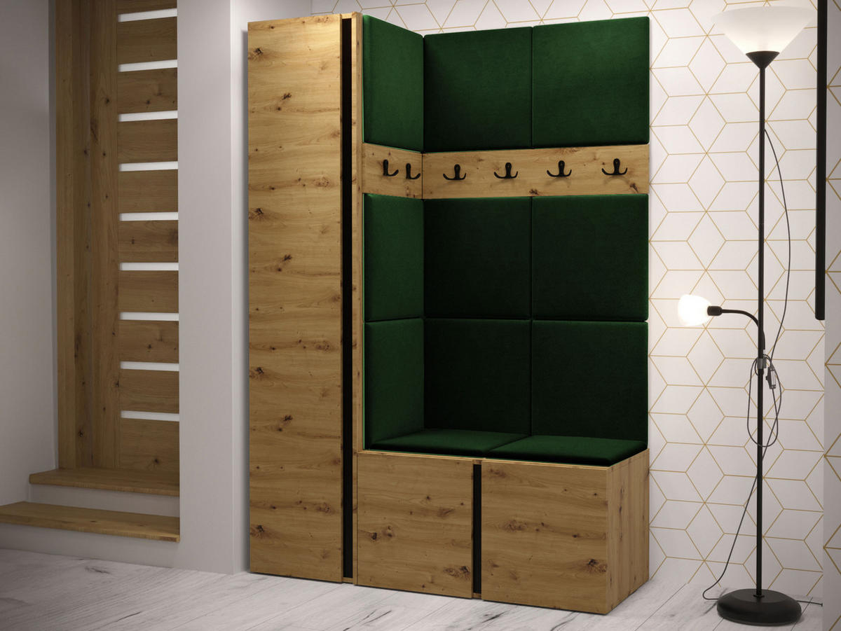 MOBILIER PENTRU HOL Orion IX - verde/stejar Artisan, material plastic/compozit lemnos (124/186/46cm) - MIRJAN24