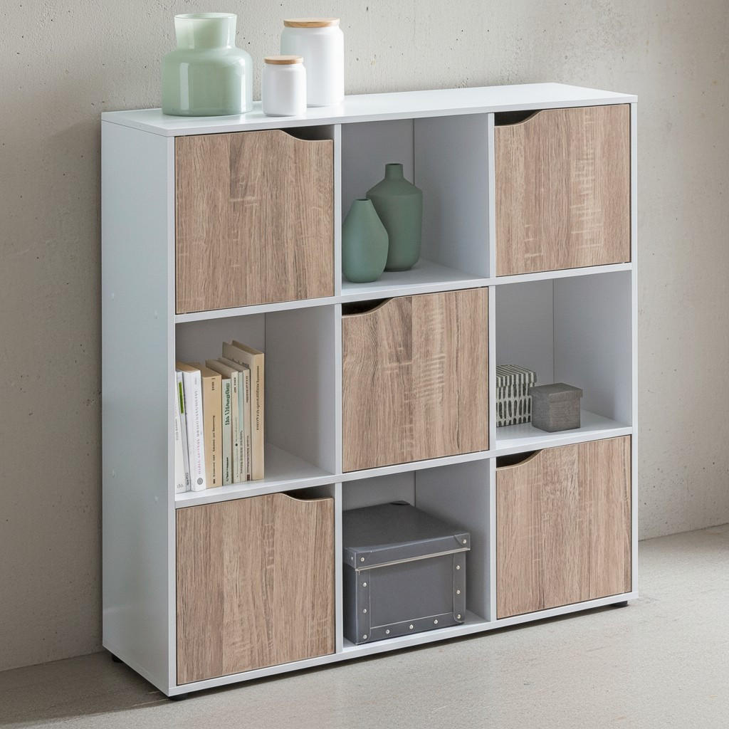 REGAL – Weiß/Sonoma, 89x91x29 cm, 9 Fächer, für Bücher und Deko - Schwarz/Weiß, Holz (89/91/29cm) - KADIMA DESIGN