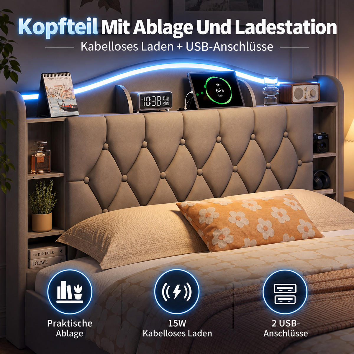 POLSTERBETT 140/190 cm mit Stauraum-Bettkasten, Ablagekopfteil mit Seitenfächern, mehrfarbigem LED-Licht & USB-Anschluss, grauer Stoffbezug - Grau, Holz/Metall (140/190cm) - Joyfair