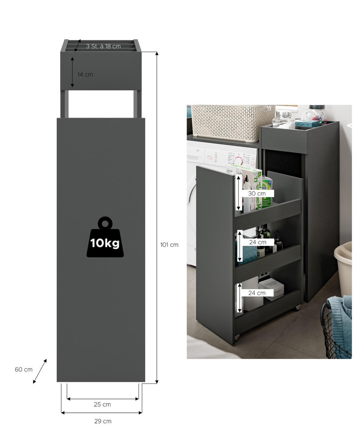 BADSCHRANK grau, Anstellregal mit Apothekerauszug 29 x 101 cm - Schwarz/Grau, Holzwerkstoff/Metall (29/101/60cm) - Inn.Furn