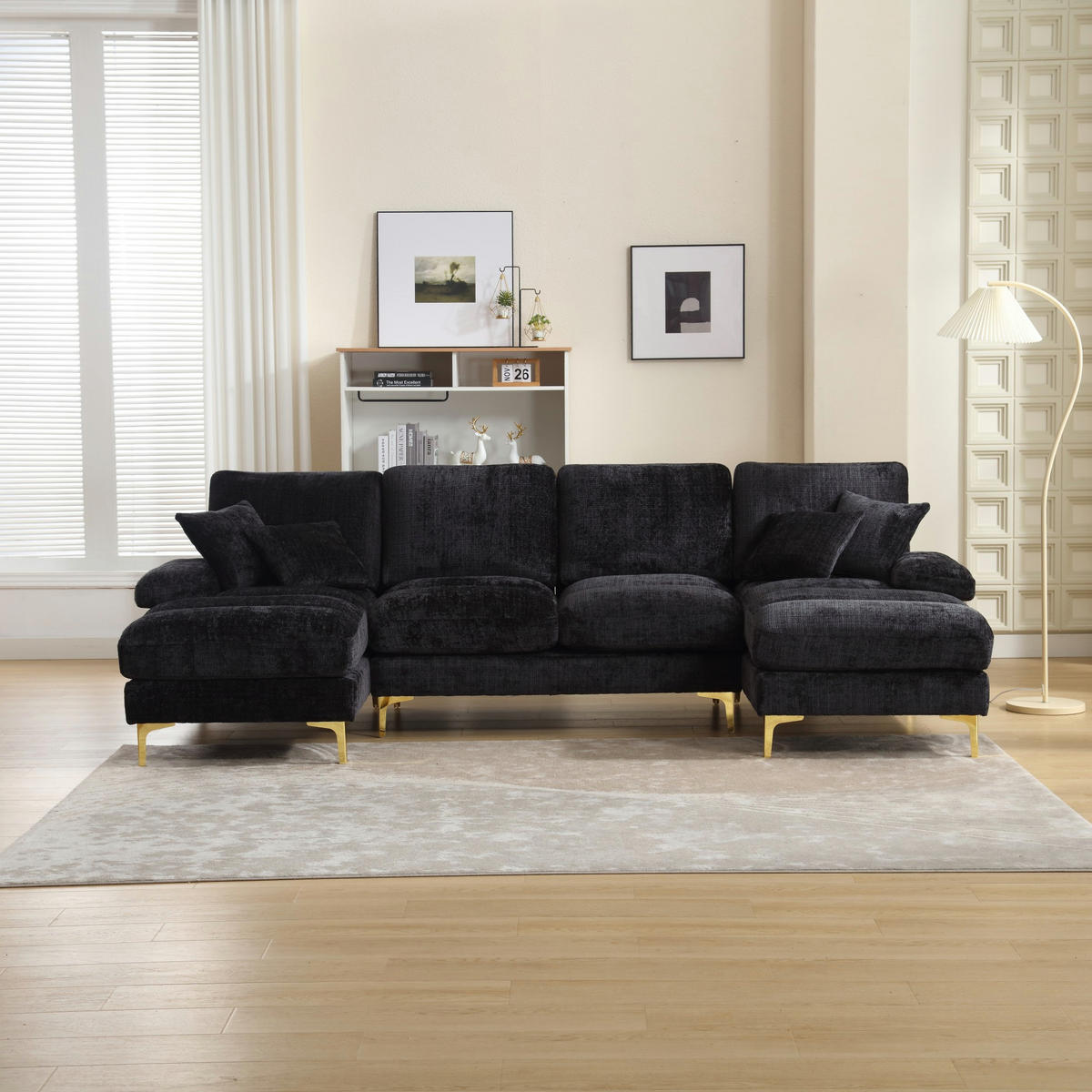 SOFA U-Form mit 2 Liegeflächen 272 x 136 cm Chenille Schwarz - Schwarz, Textil (136/88/272cm) - Meubliv