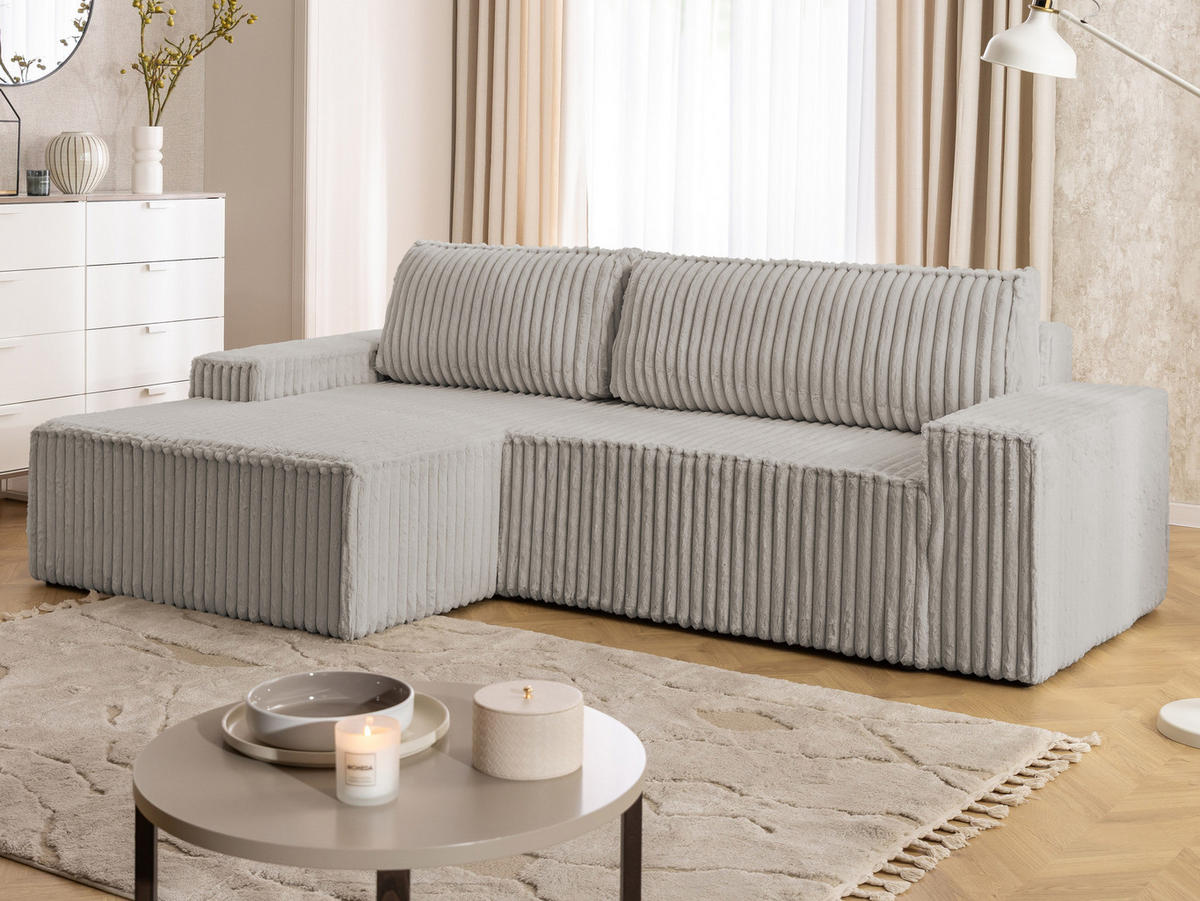 ECKSOFA Rivio mit Schlaffunktion und Bettkasten, Plüschcord Hellgrau - Hellgrau/Schwarz, Holz/Kunststoff (149/262cm) - S-Style