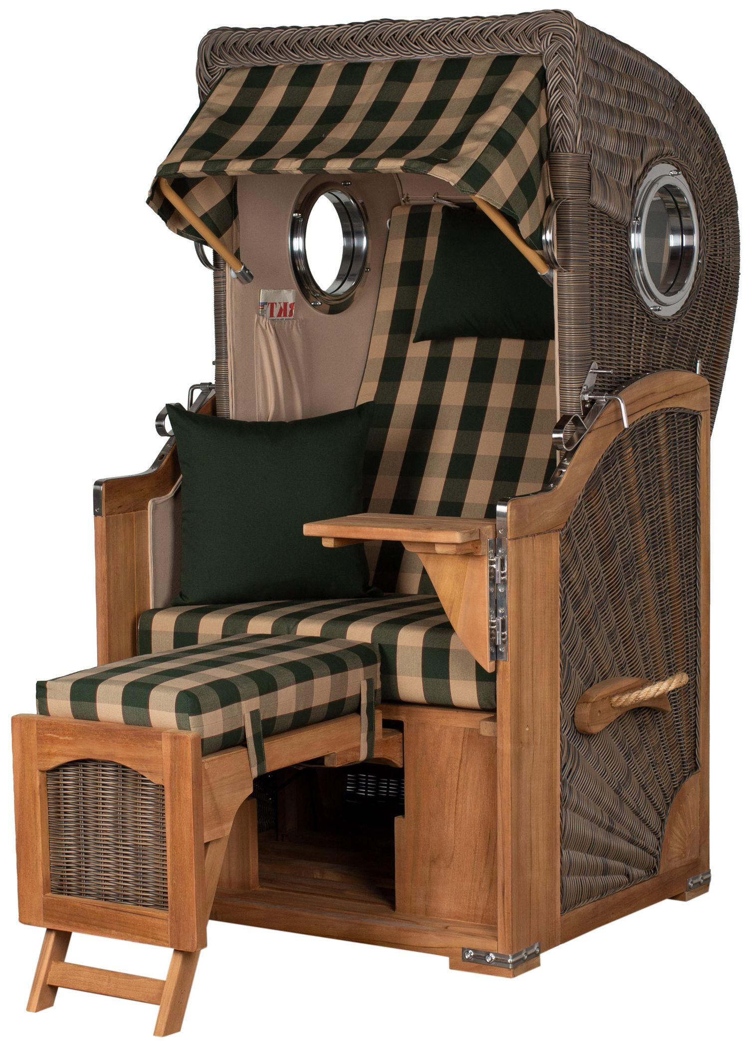 STRANDKORB Komplettset: Ammersee Single Teak Bullauge - PE grau - Modell 506 - Beige/Grün, Holz/Kunststoff (96/165/80cm) - bene living