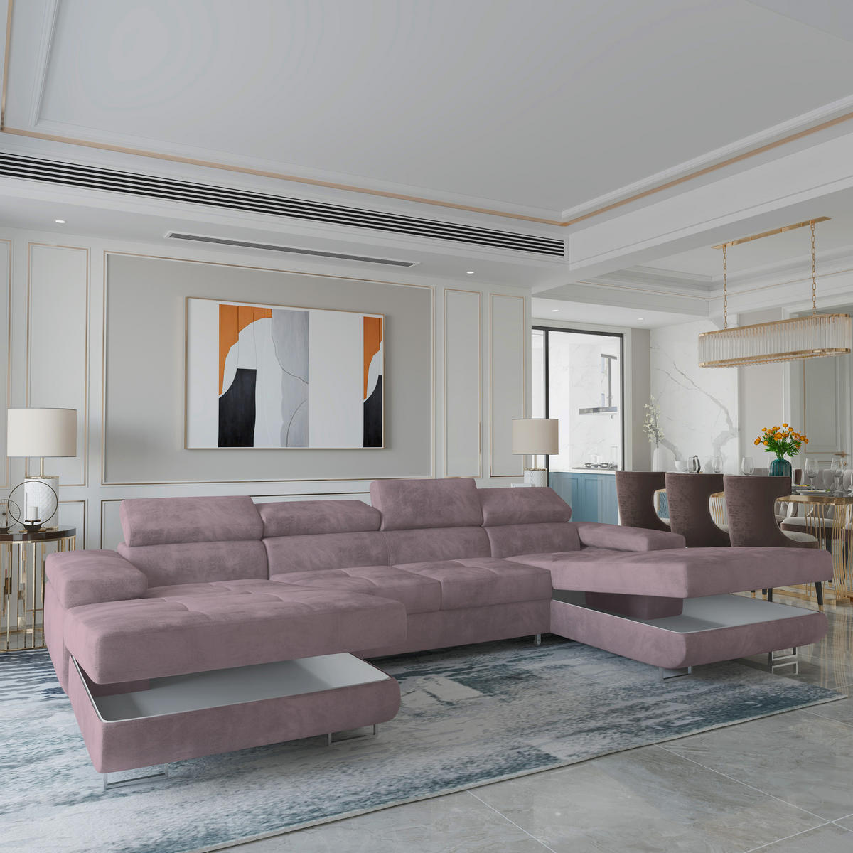 WOHNLANDSCHAFT LYKKE Lila Velours-Stoff mit Schlaffunktion - Lila, Holz (353/90/202cm) - MASSENO