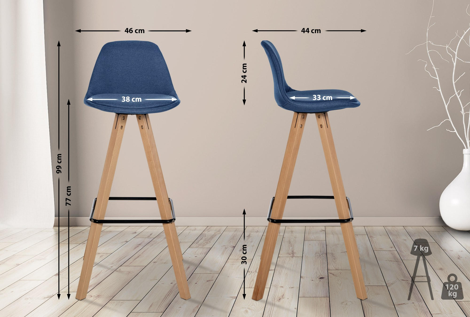 BARHOCKER PALMA Blau Stoff Braun - Blau, Holz/Textil (38/99/44cm) - DELUKE