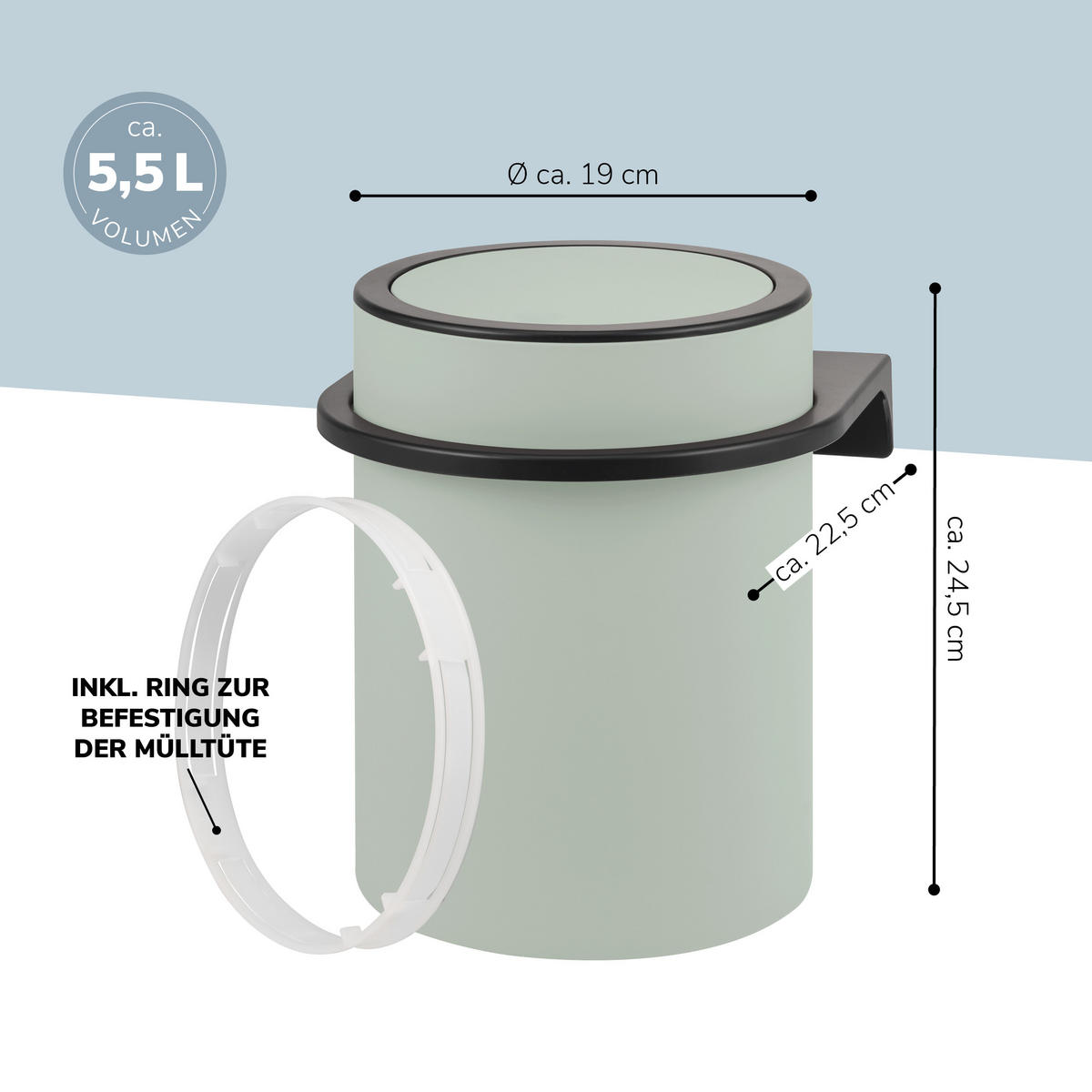 KOSMETIKEIMER SAVONA,5 Liter, salbei - Salbeigrün, Kunststoff (22/24.5/22.5cm) - bremermann