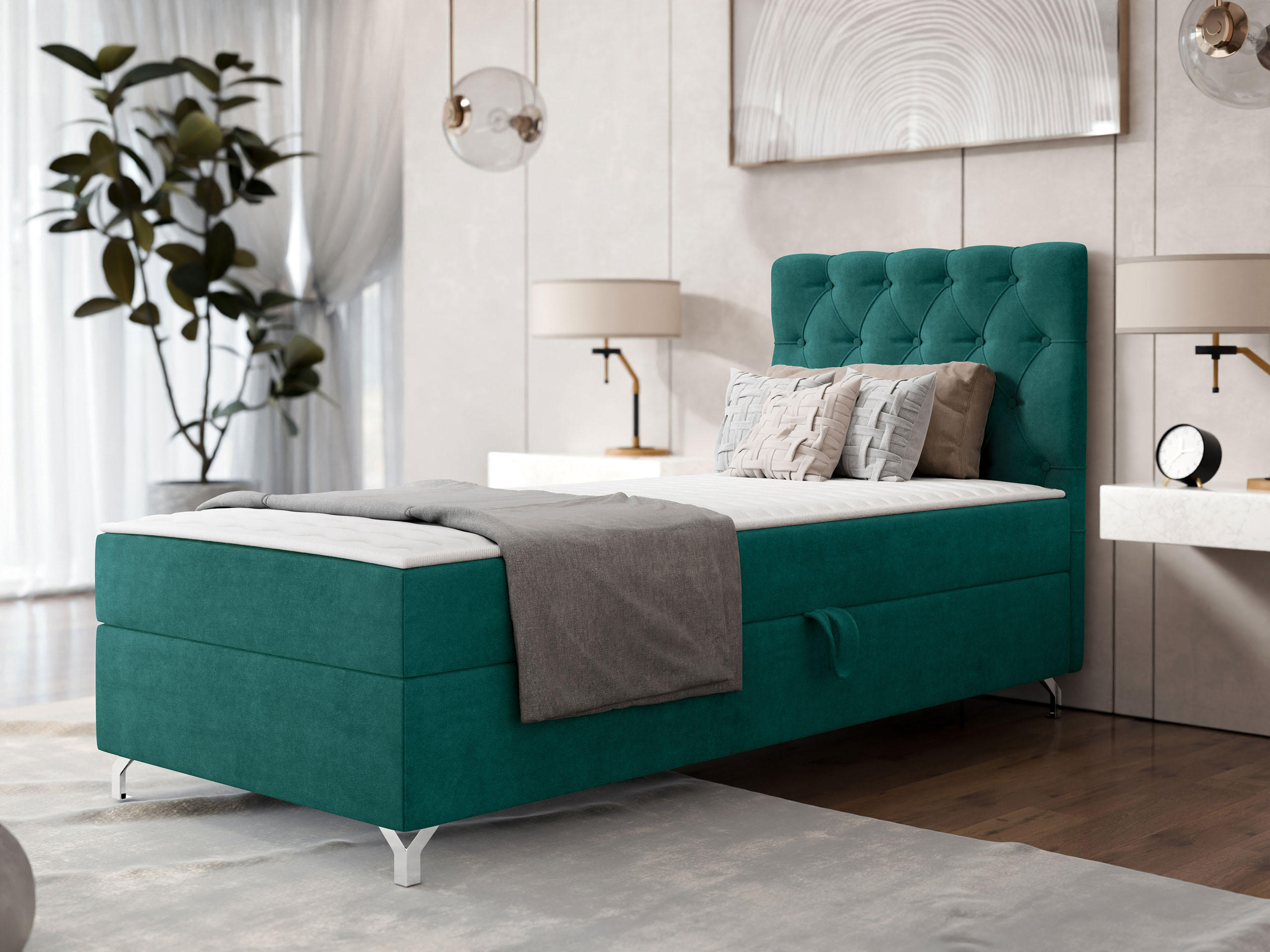 BOXBETT Chester 1, Seite: Rechts - Smaragdgrün/Silberfarben, Holz/Textil (90/200cm) - MIRJAN24