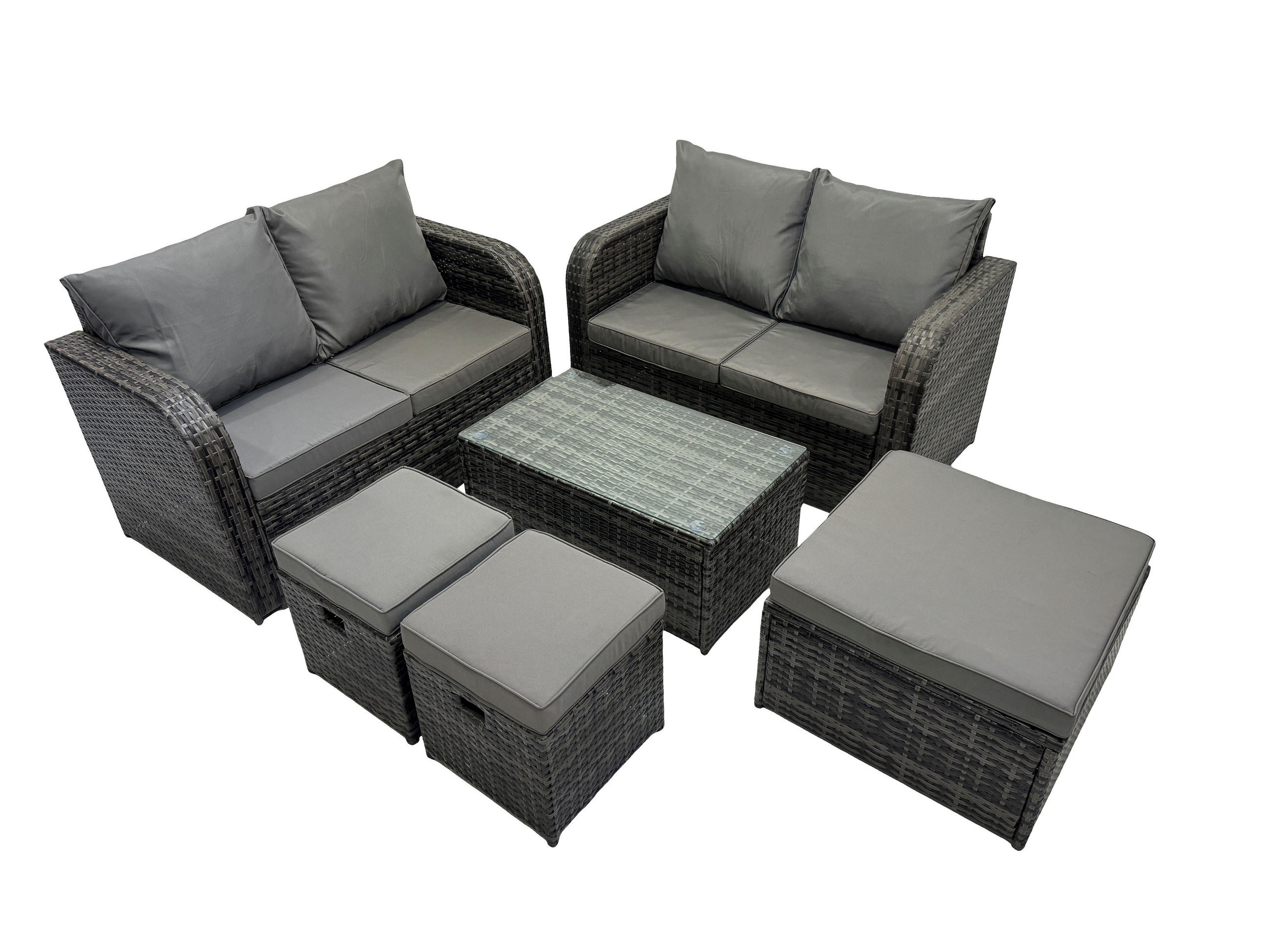 GARTENMÖBELGARNITUR mit KISSEN Polyrattan Dunkelgrau 7-Sitzer - Dunkelgrau/Grau, Glas/Kunststoff - Fimous