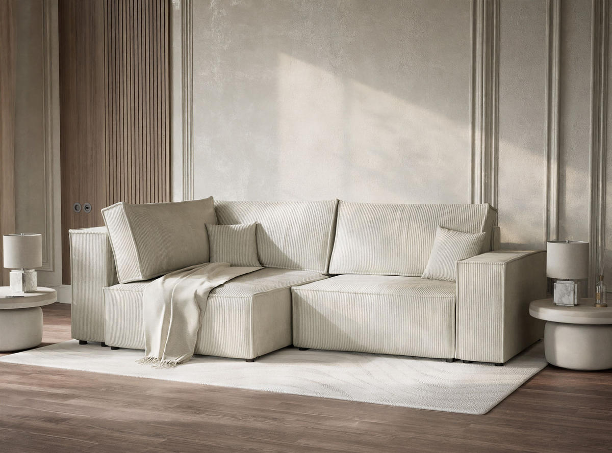 ECKSOFA MIT SCHLAFFUNKTION Tonga Creme Samtstoff - Creme/Schwarz, Holz/Holzwerkstoff (105/225cm) - Maison de Reve