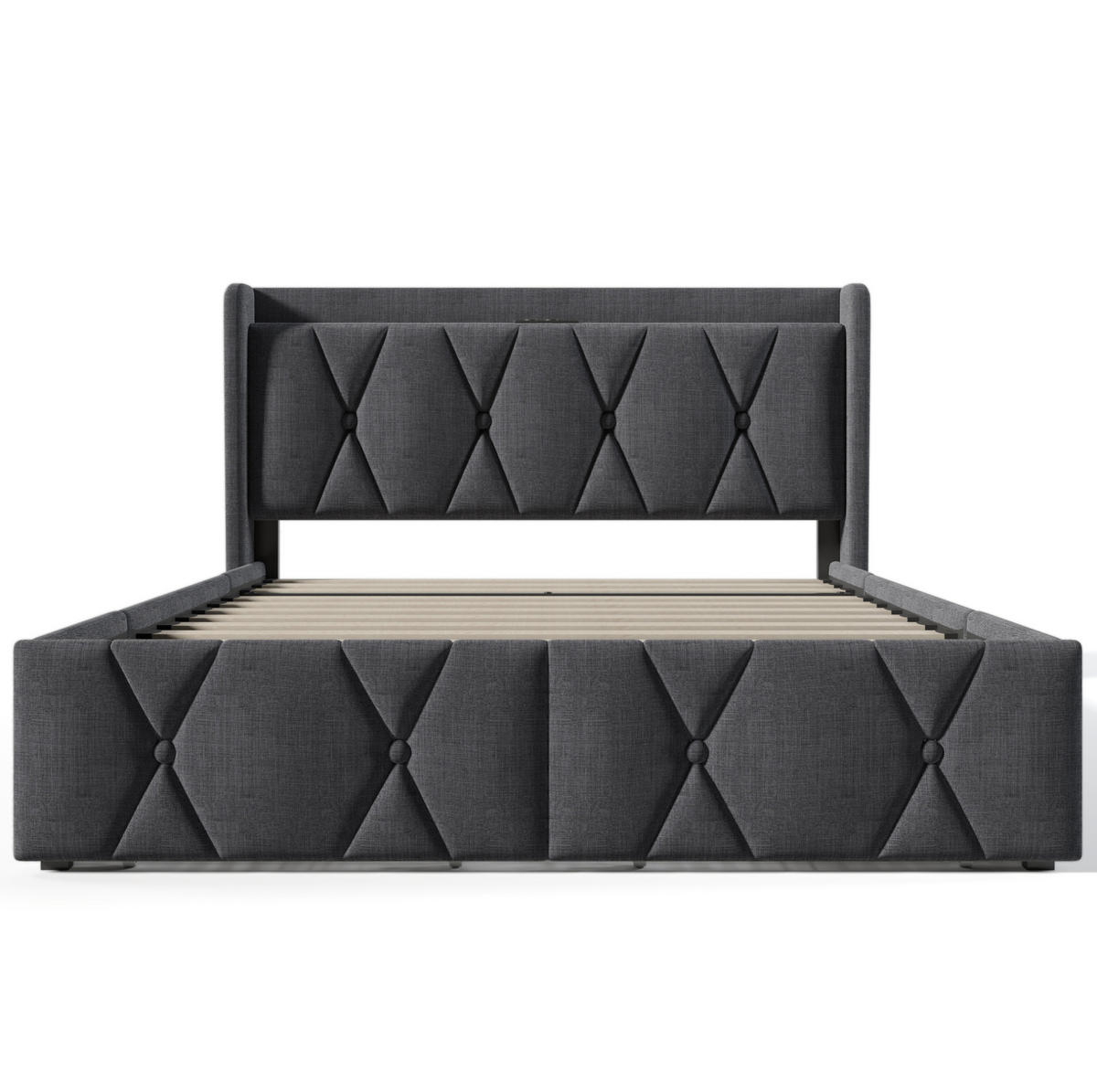 ČALÚNENÁ posteľ z ľanu 140x200 cm sivá s USB nabíjaním, 4 zásuvkami a matracom - sivá, textil (140/200cm) - Modfu