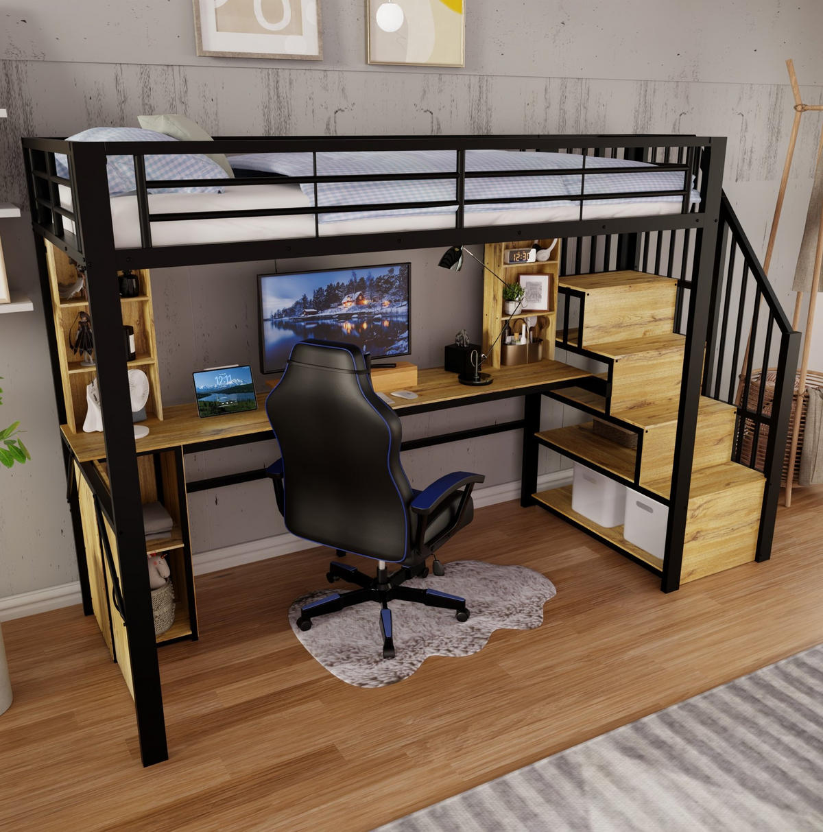 HOCHBETT Metall-Holz 90x200 cm Schwarz mit Schreibtisch, Stauraumtreppe, Schrank & USB-Anschluss - Schwarz, Metall (90/200cm) - Modfu