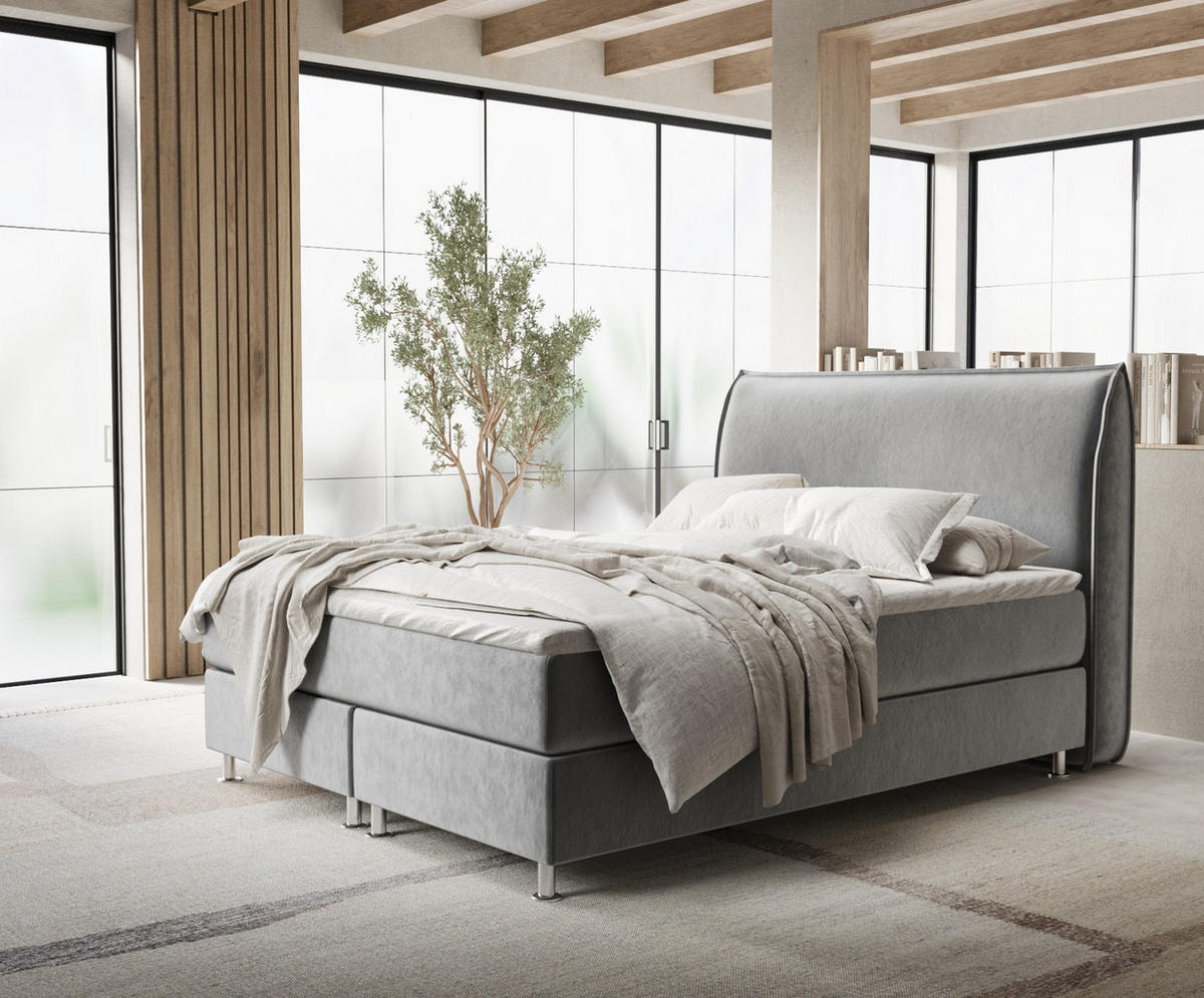 BOXSPRINGBETT Chermin Grau 160/200 cm mit Latex-Topper - Silberfarben/Grau, Holz/Holzwerkstoff (160/200cm) - Maison de Reve