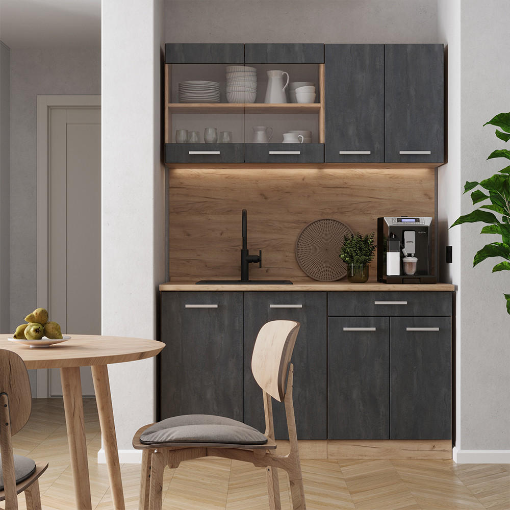 SINGLEKÜCHE R-Line Schwarz Beton/Goldkraft Eiche 140 cm AP Marmor - Eiche Wotan/Schwarz, Holzwerkstoff (140/81.6/60cm) - Vicco