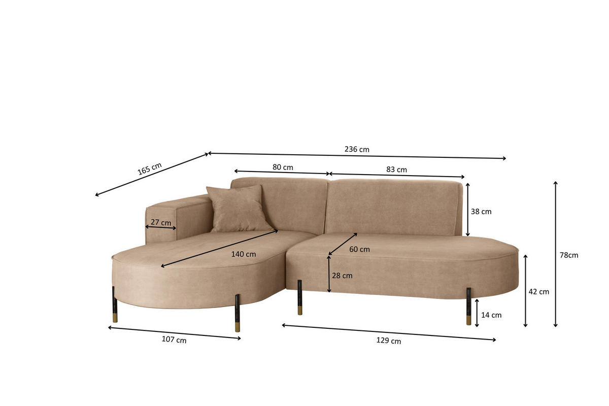 ECKSOFA L-Form Designer Modena Rein Stoff Noel KaltesBeige Links - Cappuccino, Holz/Textil (165/236cm) - Kaiser Möbel