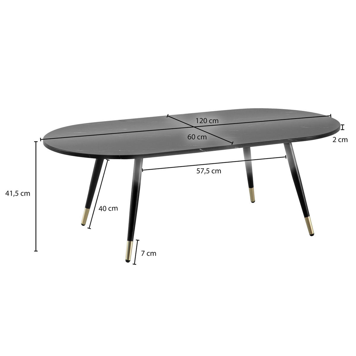 COUCHTISCH oval in Marmor-Optik – mit Metallgestell im modernen Design, Schwarz 120x60x42 cm - Goldfarben/Schwarz, Holzwerkstoff/Metall (60/120/42cm) - KADIMA DESIGN