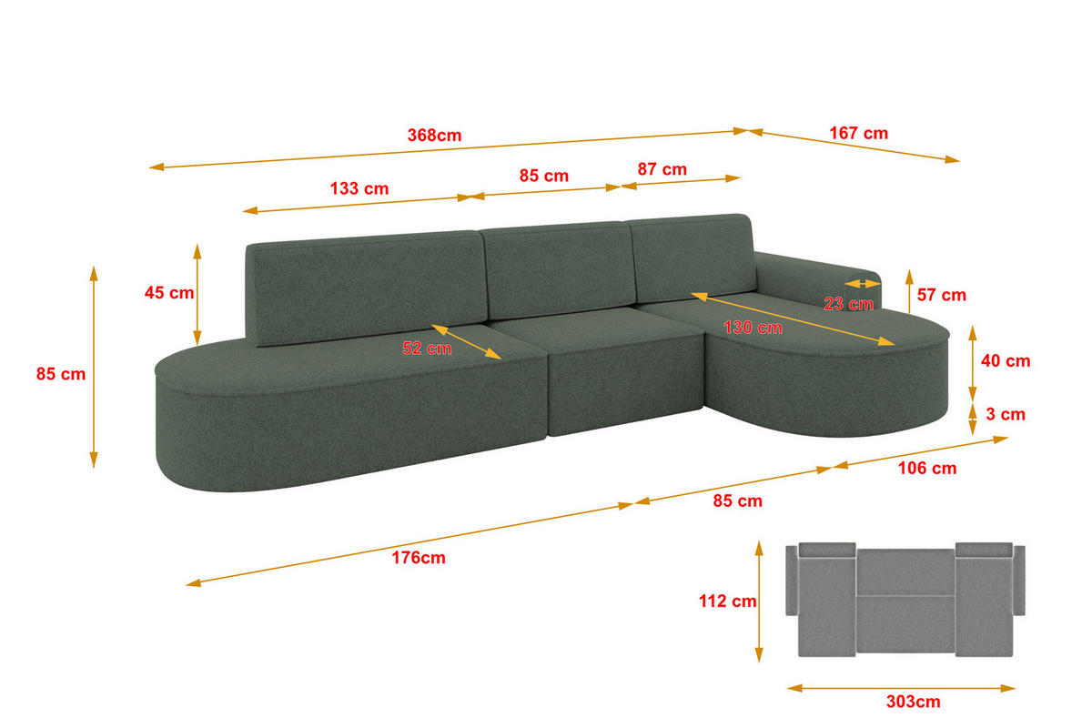 ECKSOFA mit Schlaffunktion Ottomane RECHTS MARI L2-S 368X167X85 Grün Velours - Schwarz/Hellgrün, Holzwerkstoff/Kunststoff (167/368cm) - ALTDECOR