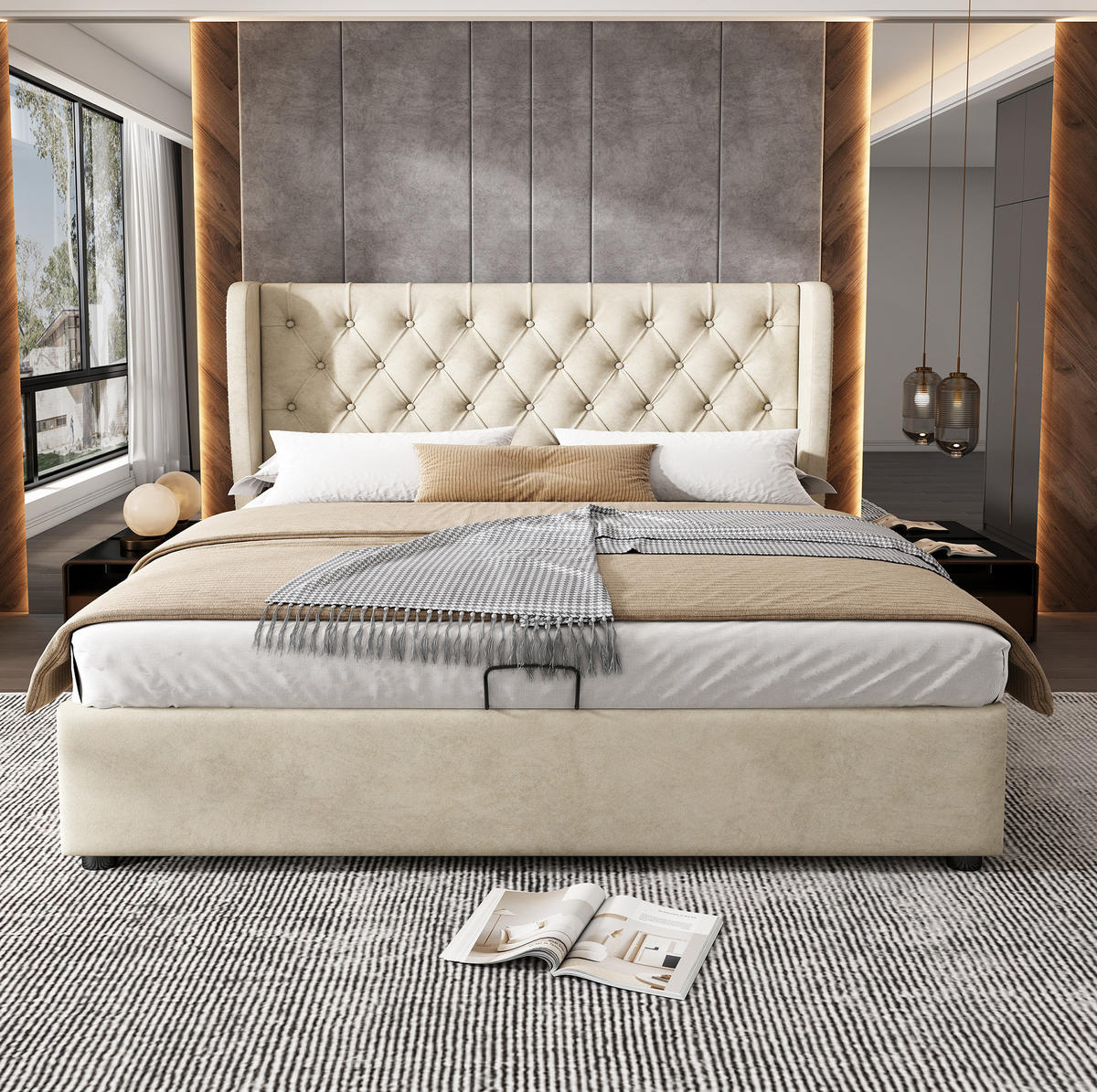 POLSTERBETT 140/200 cm aus Samt mit Stauraum und Lattenrost, Beige - Beige, Textil (140/200cm) - Flora Grace