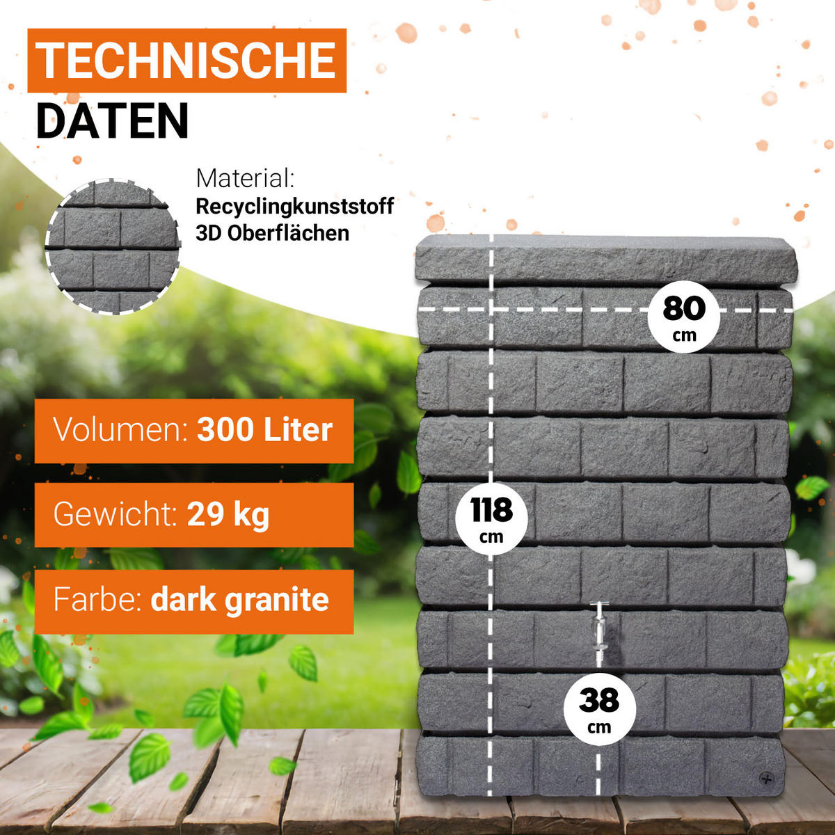 JUNIOR Wandtank Komplett-Set 300 L dark e inkl. Chrom-Auslaufhahn und Fallrohranschluss - Grau, Kunststoff (40/118/80cm) - GARANTIA