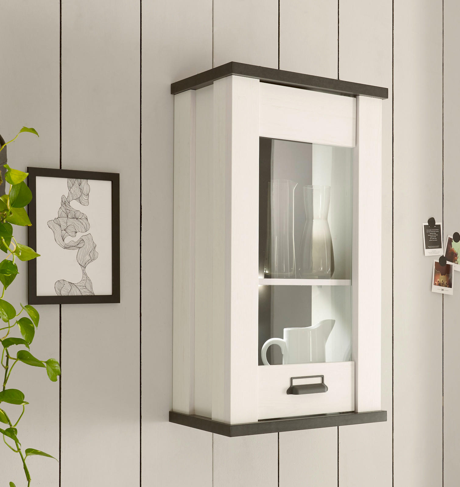 KÜCHE-HÄNGESCHRANK weiß Pinie, anthrazit Landhaus, Küchenschrank hängend mit Soft-Close - Anthrazit/Schwarz, Glas/Holzwerkstoff (50/90/31cm) - Furn.Design