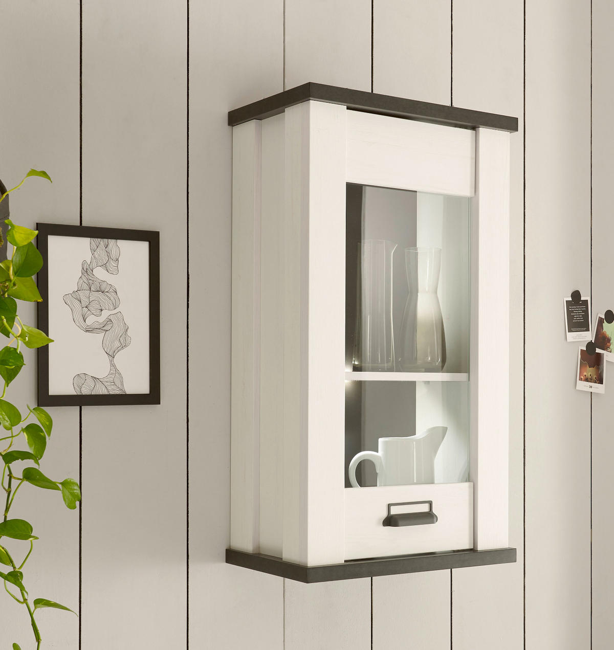 KÜCHE-HÄNGESCHRANK weiß Pinie, anthrazit Landhaus, Küchenschrank hängend mit Soft-Close - Anthrazit/Schwarz, Glas/Holzwerkstoff (50/90/31cm) - Furn.Design