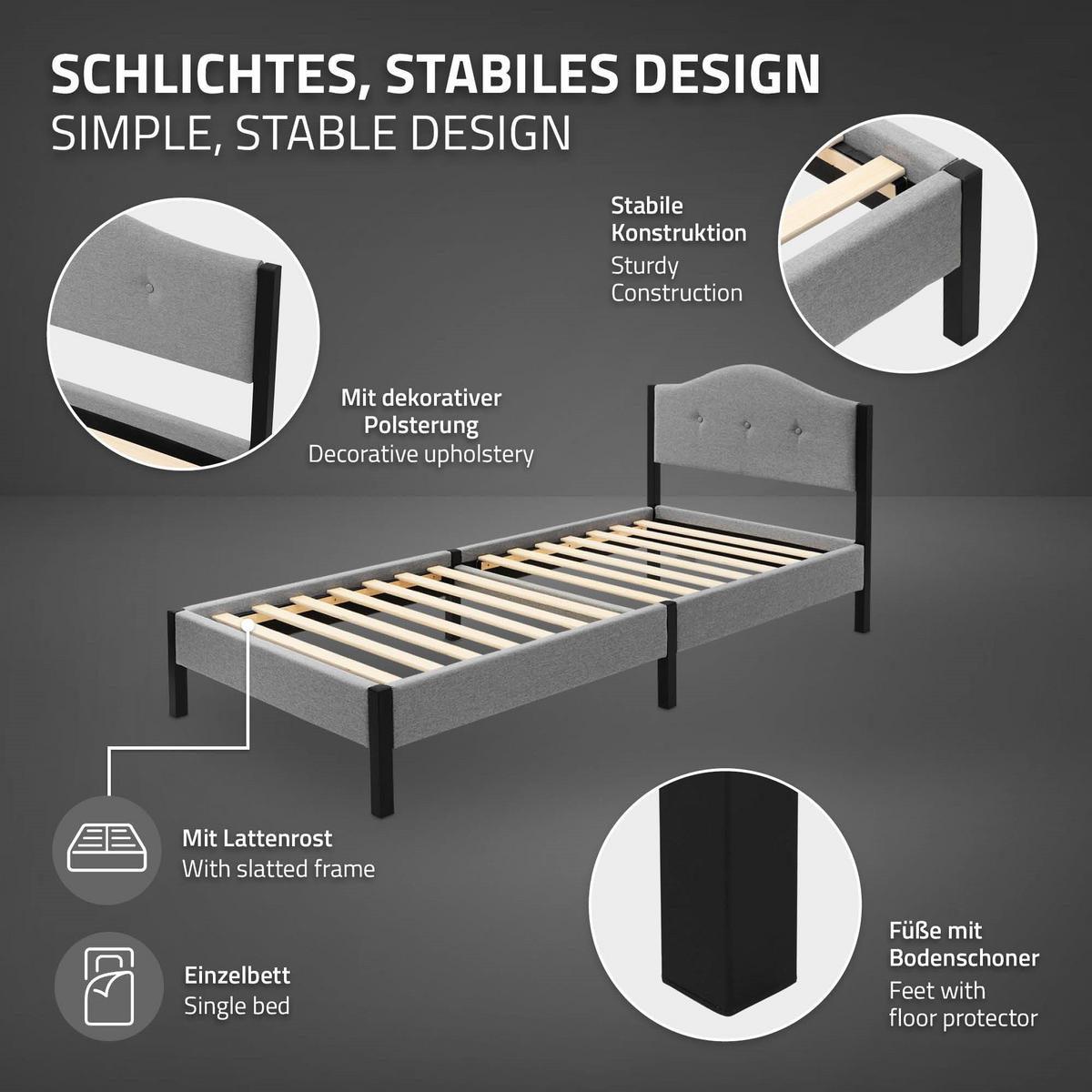 POLSTERBETT 90x200 cm Grau Bettgestell mit Matratze und Lattenrost - Beige/Grau, Holz/Textil (90/200cm) - ML-DESIGN
