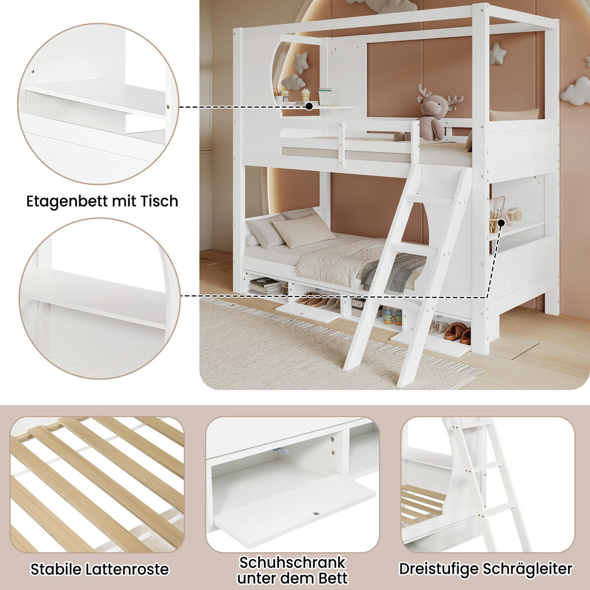 ETAGENBETT 90/200 cm Weiß mit Tisch und Schuhschrank aus Kiefer und MDF - Weiß, Holzwerkstoff (90/200cm) - OKWISH