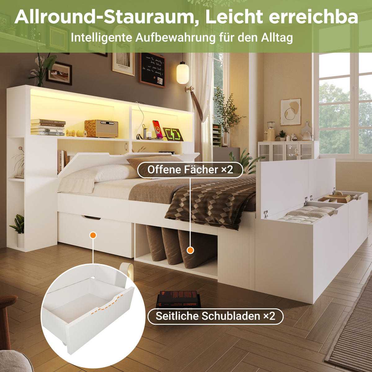 HOLZBETT 140/200 cm mit LED-Beleuchtung, USB-C/USB-Anschlüssen, Stauraum, Bettbank und Schubladen, Weiß - Weiß, Holzwerkstoff (140/200cm) - Redom