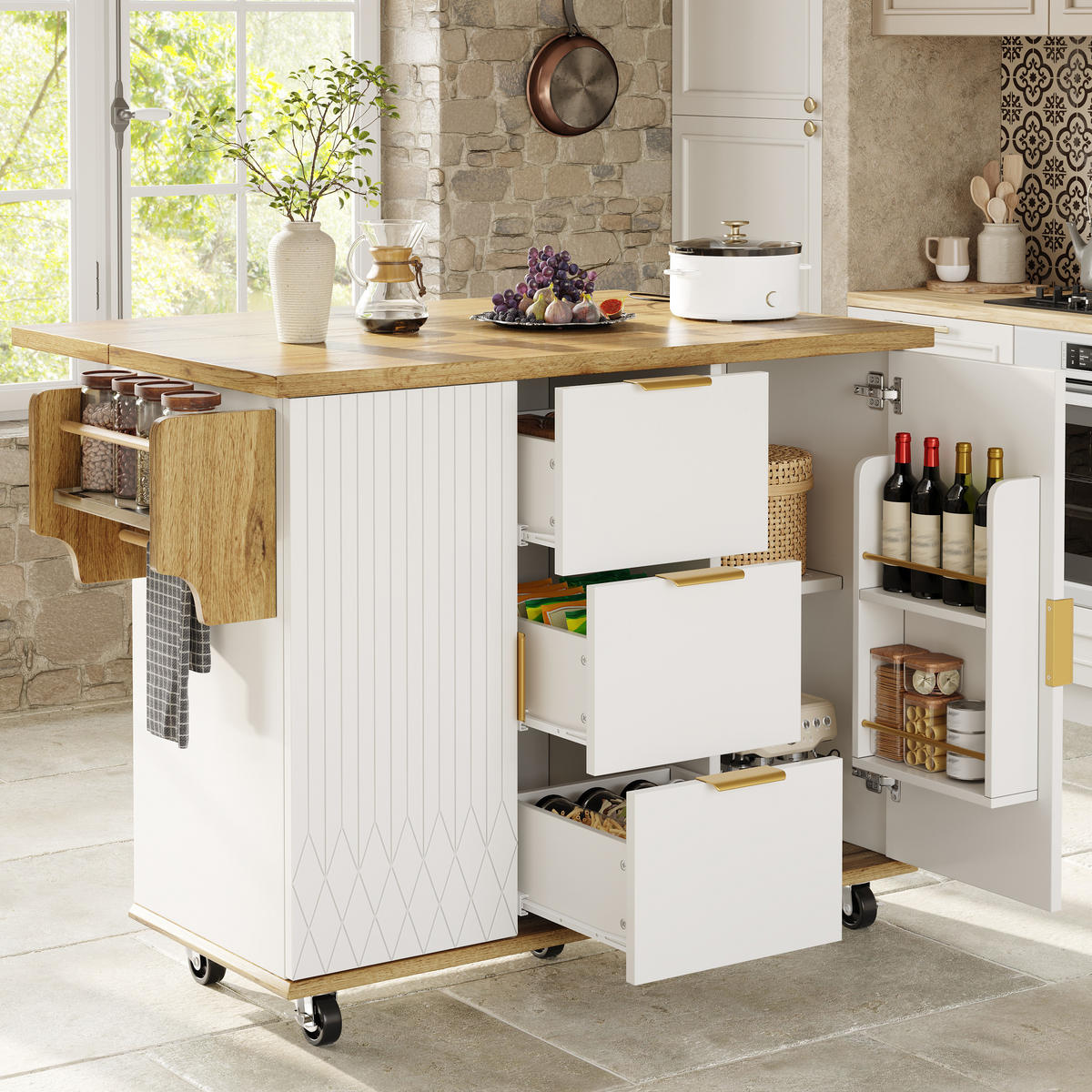 KÜCHENWAGEN in Weiß Kücheninsel aus Rollen mit ausklappbarer Arbeitsplatte & Stromanschluss, 134×46/74×88cm(B x T x H) - Weiß, Holzwerkstoff/Metall (134/88/46cm) - STILVORA