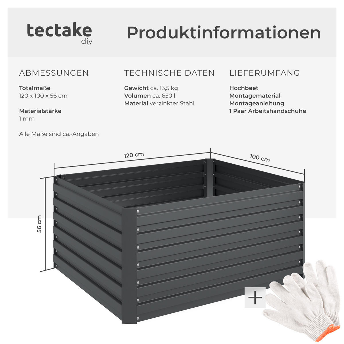 HOCHBEET Blomma,120 x 100 x 56 cm,anthrazit - Anthrazit, Metall (120/56/100cm) - tectake