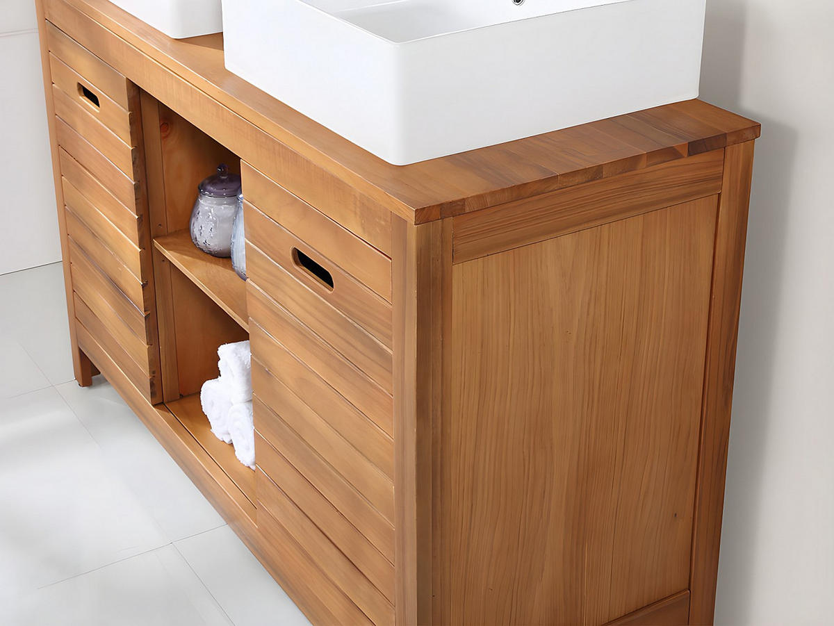 DOPPELWASCHTISCH - 130 cm x 50 cm - Keramik, Holz, Platte - Naturfarben Dunkel - PULUKAN - Naturfarben, Keramik/Holz (130/83/50cm) - Vente-Unique