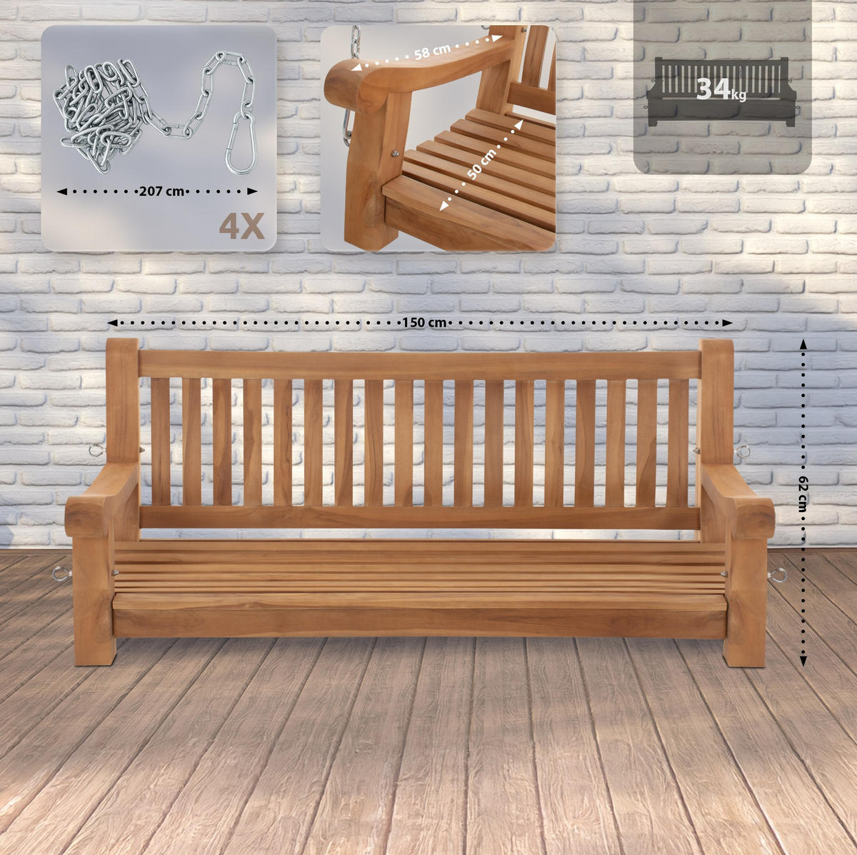 SCHAUKELBANK Muver Holz Teak Hängebank - Teakfarben, Holz (150/62/70cm) - DELUKE