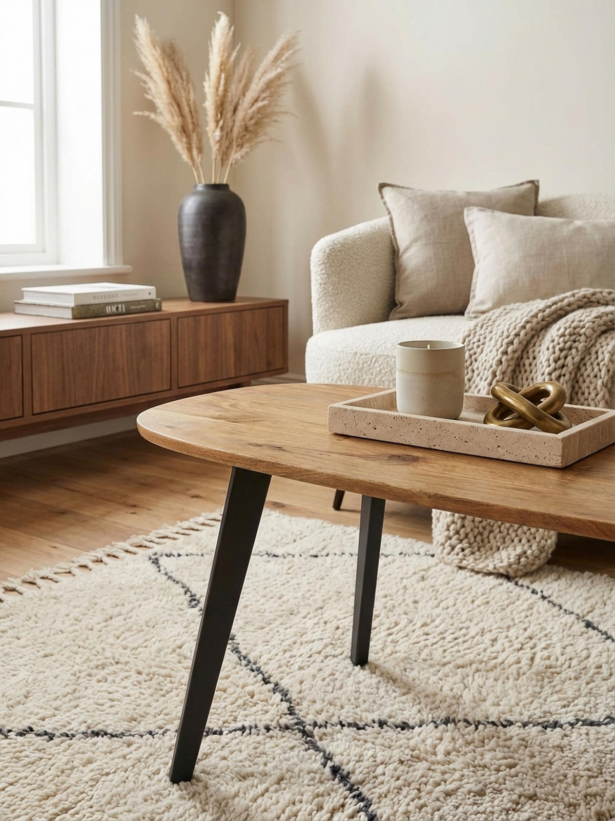 COUCHTISCH in Nierenform aus Akazie Massivholz mit stabilen Metallbeinen - Beige/Anthrazit, Holz/Metall (60/110/45cm) - KADIMA DESIGN