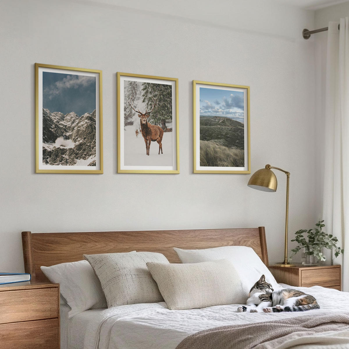 BILDER SET 3er Set - 40x60 cm Goldrahmen - Berge, Schnee, Hirsche, Waldlandschaft - Goldfarben, Kunststoff (40/60cm) - TULUP