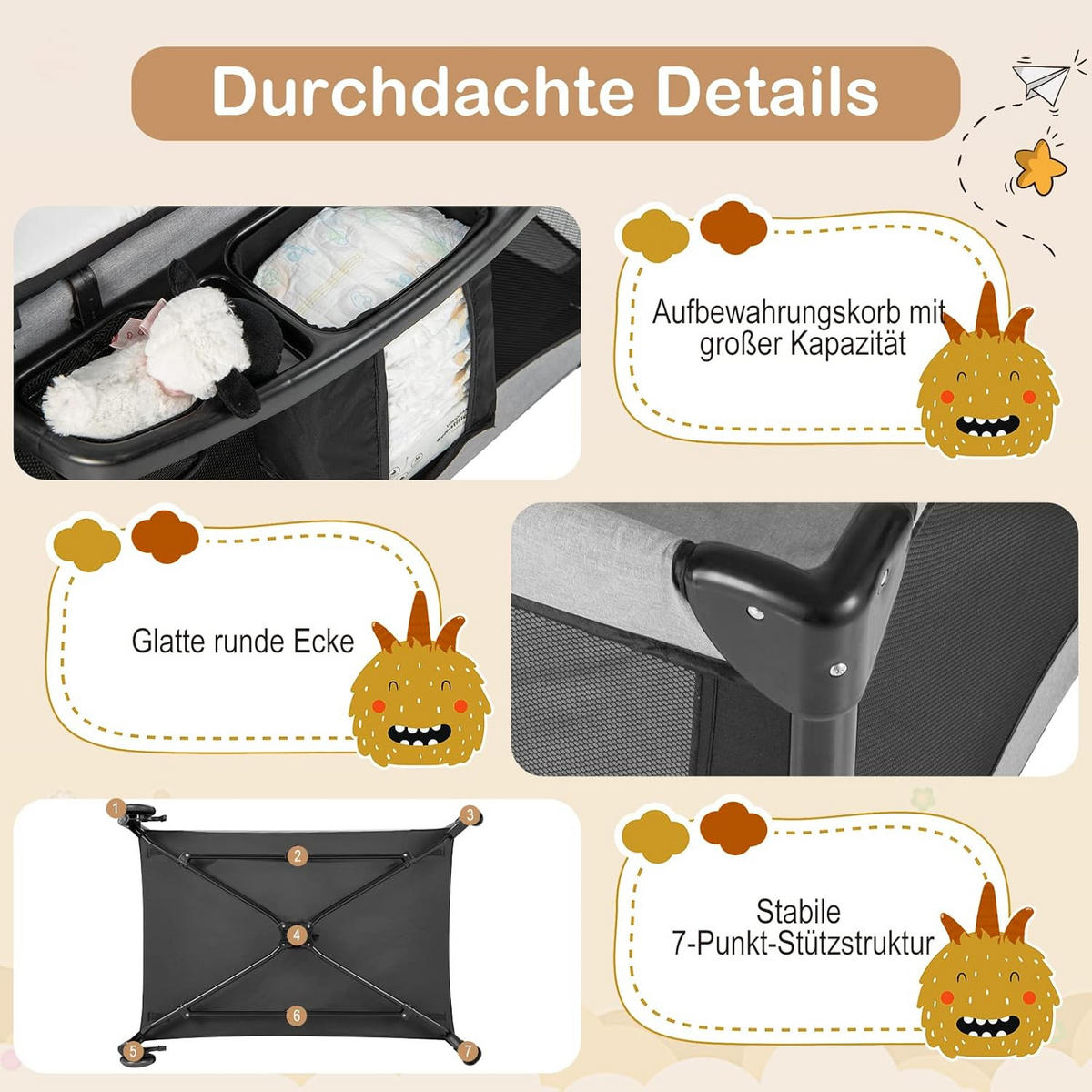 BABYBETT 5 in 1 Babyreisebett Schwarz - Schwarz, Textil - COSTWAY