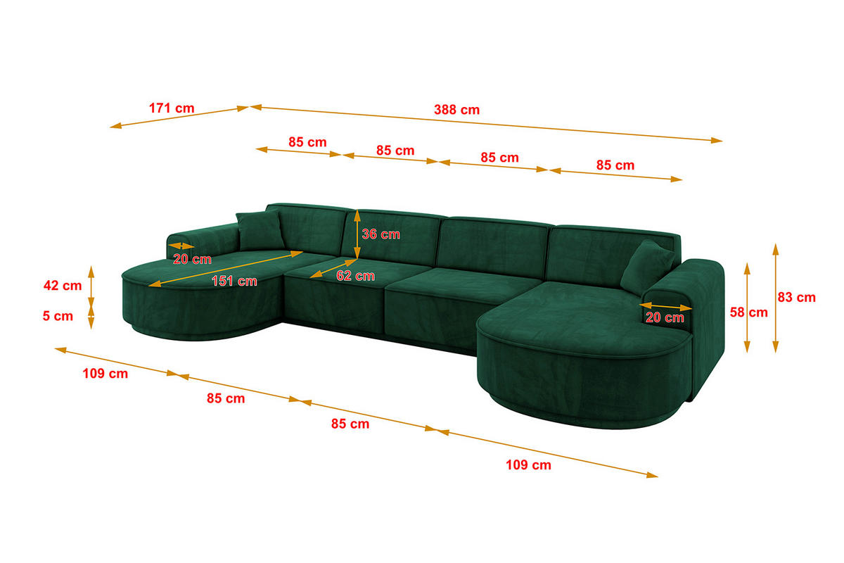 WOHNLANDSCHAFT MARI-U2-v3 - 388x171x83 cm Grün Velours - Schwarz/Grün, Holzwerkstoff/Kunststoff (388/83/171cm) - ALTDECOR