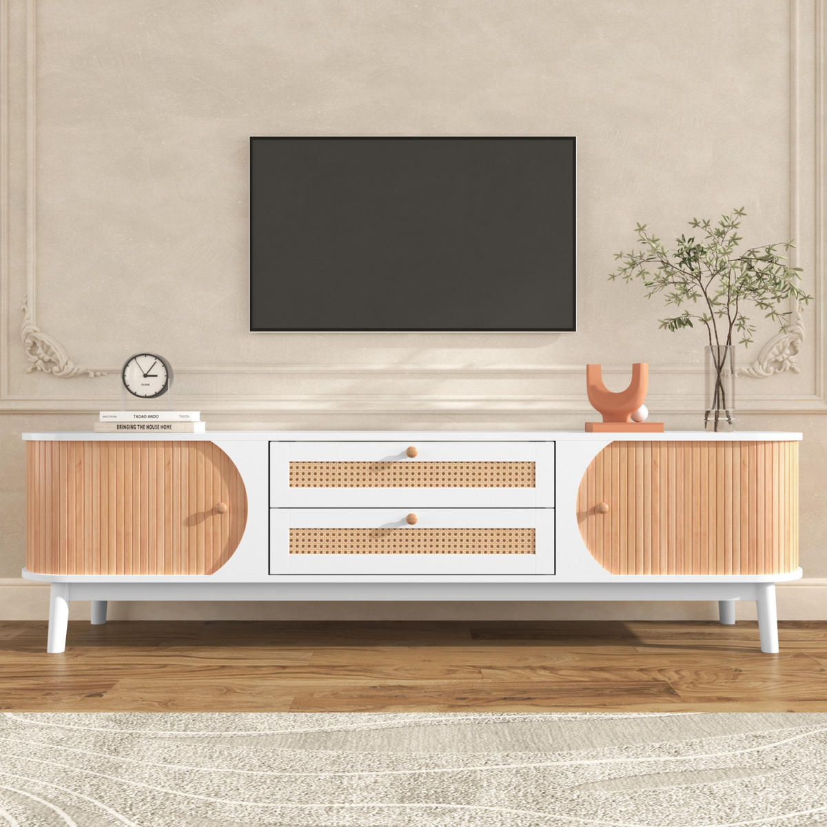 TV Lowboard Rattan, 2 Türen, 2 Schubladen, Weiß Holz - Weiß, Holz (170/46/39cm)