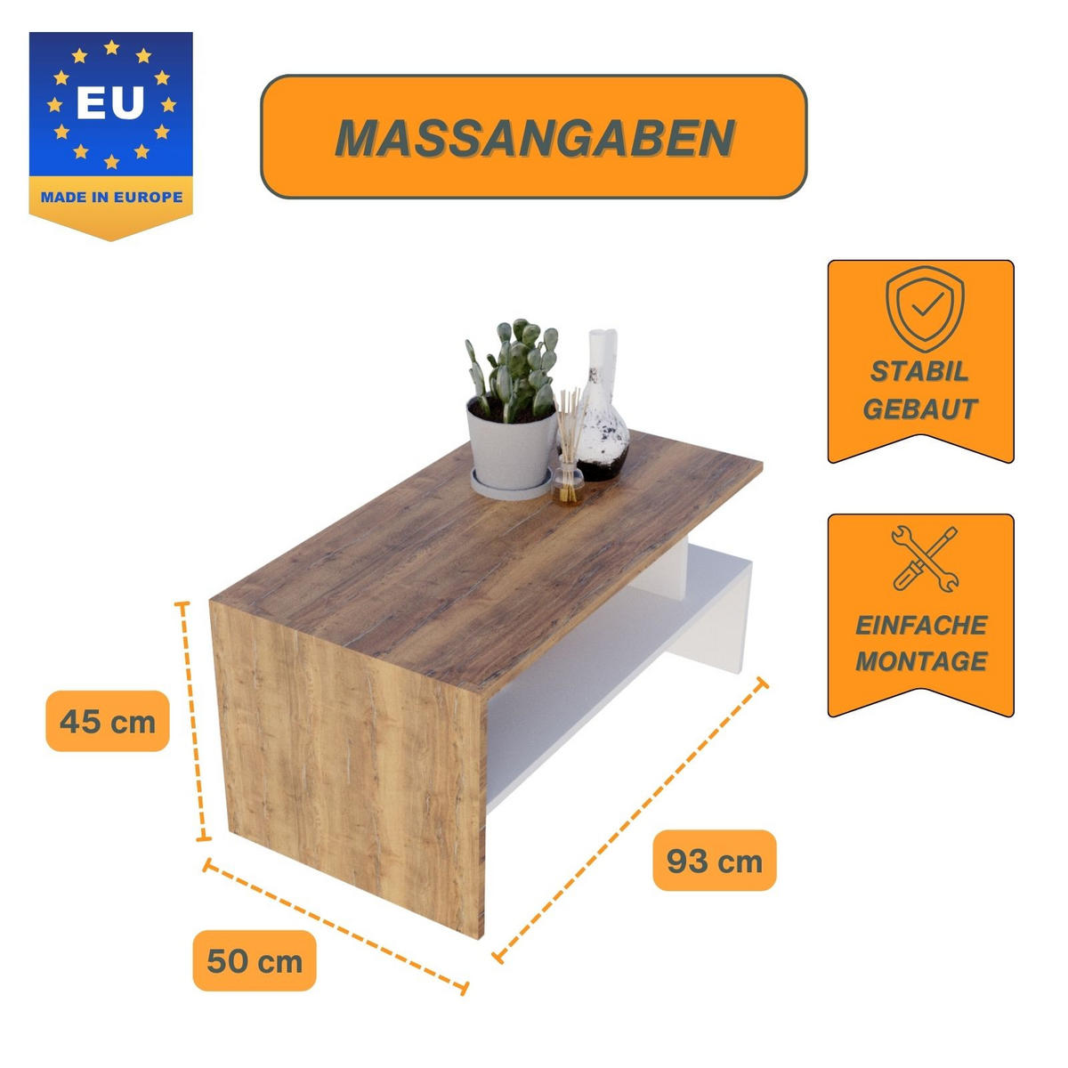 COUCHTISCH Holzwerkstoff rechteckig stabil Nussbaumfarben 50/45/93cm - Nussbaumfarben/Weiß, Holzwerkstoff (50/93/45cm) - CraftPAK