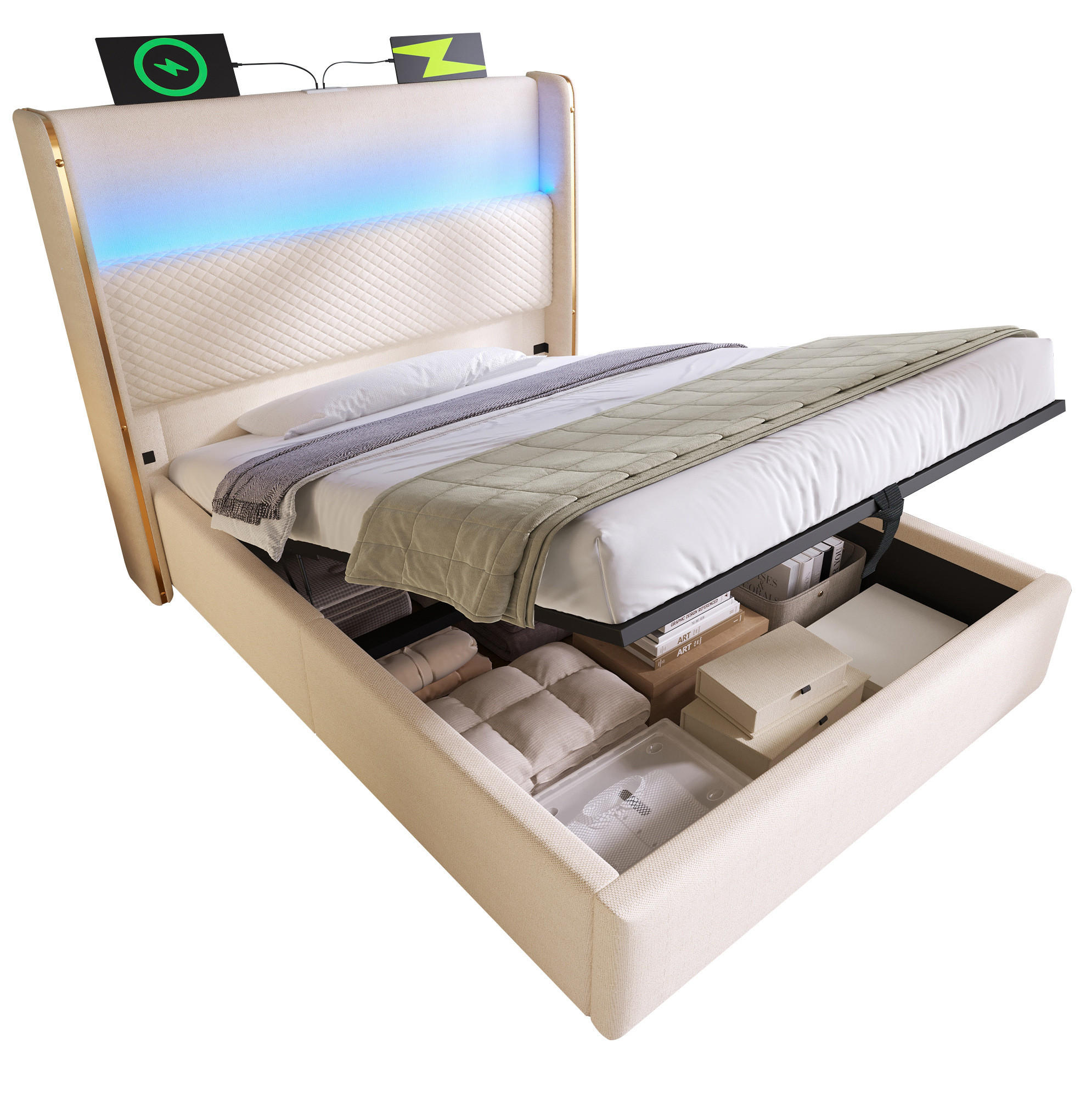 POLSTERBETT 90/200 cm mit LED-Beleuchtung, USB/Type-C und hydraulischem Stauraum, Leinenoptik und Matratze, Beige - Beige, Textil (90/200cm) - Redom