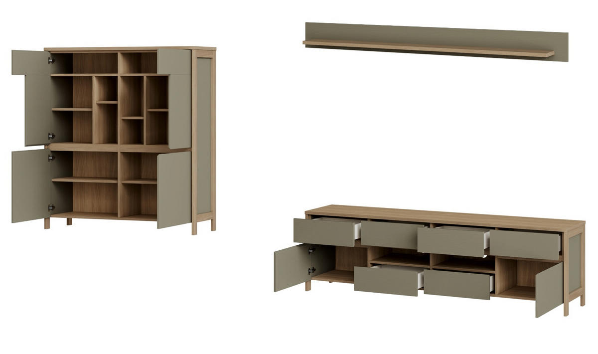 WOHNWAND Salbei grün, Eiche, Wohnkombination skandinavisch 3-teilig 319 cm, Soft-Close - Eichefarben/Salbeigrün, Glas/Holzwerkstoff (319/170/39cm) - Furn.Design