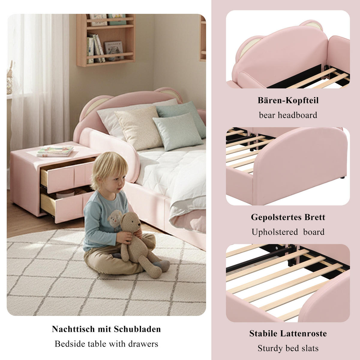 KINDERBETT 90/200 cm in Rosa mit Bären-Kopfteil und Nachttisch - Rosa, Textil (90/200cm) - Flora Grace