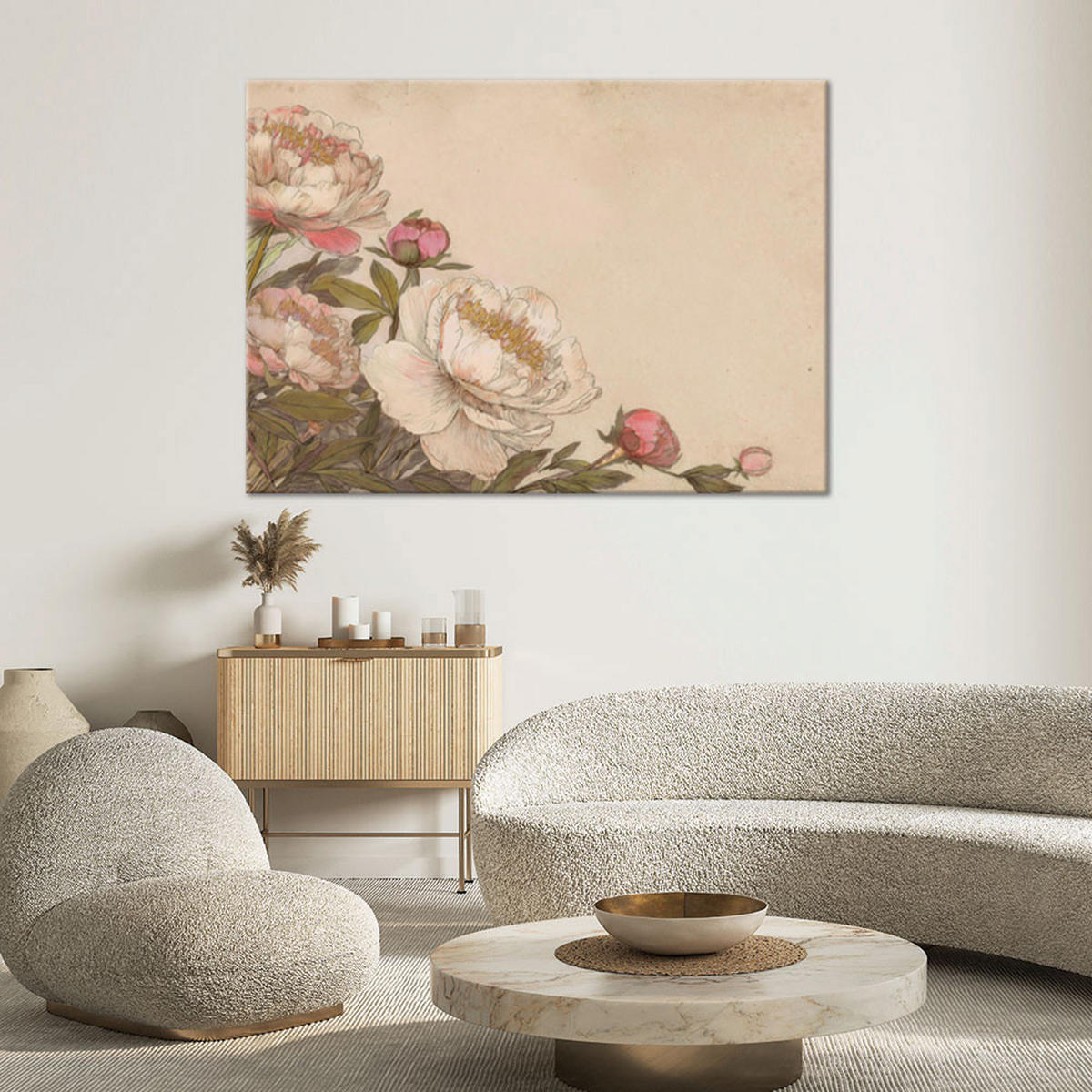 WANDBILD pfingstrosen rosen blumen retro beige - Beige, Textil (90/60cm) - Feeby
