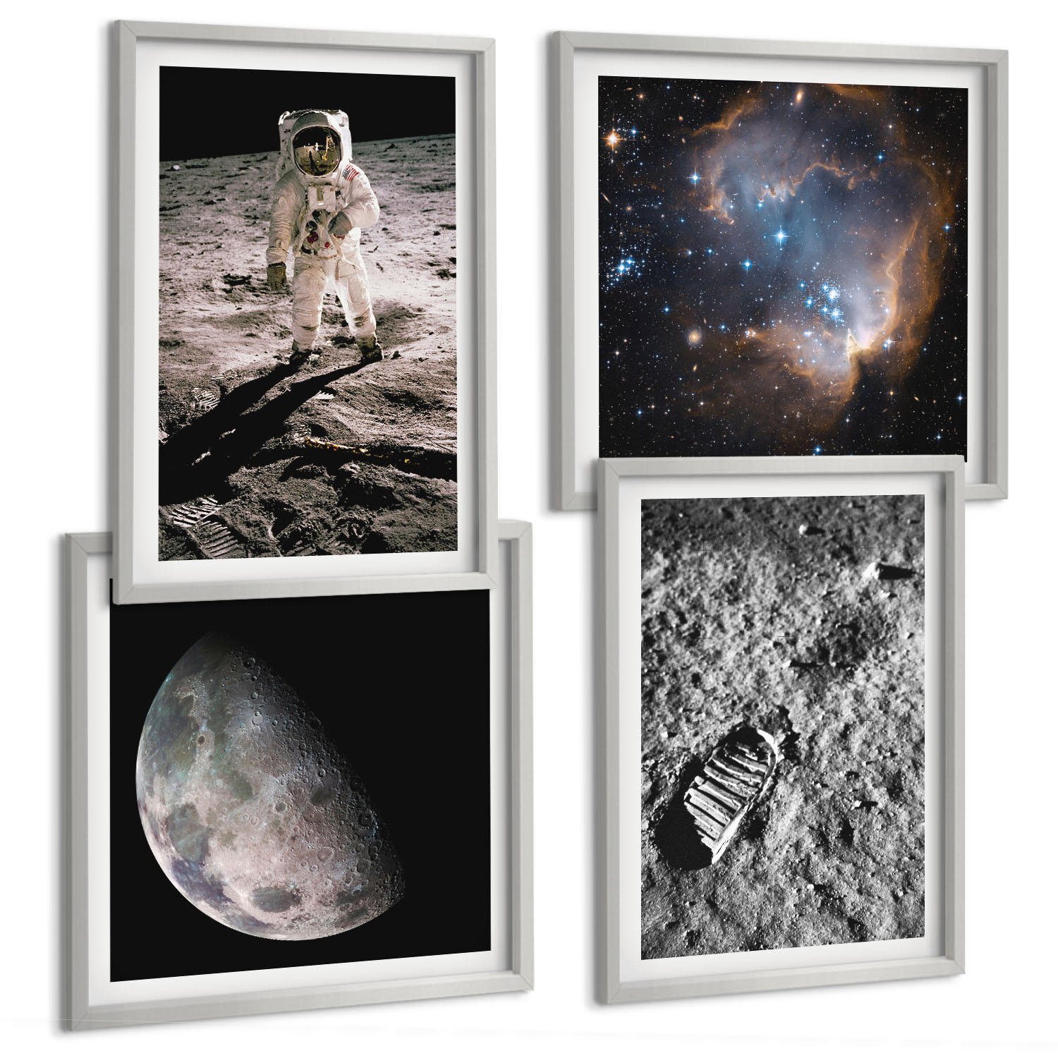 BILDER SET 4er Set - 50x50 cm & 40x60 cm Silberner Rahmen - Astronautenfoto vom Mond - Silberfarben, Kunststoff (50/50cm) - TULUP