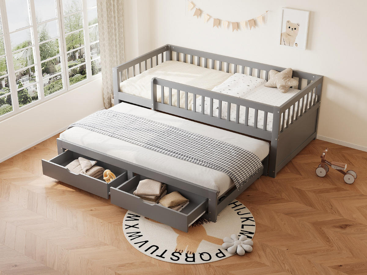 BETT 90/200 cm Grau aus Massivholz mit Bett und 2 Schubladen - Grau, Holzwerkstoff (90/200cm) - OKMYHOME
