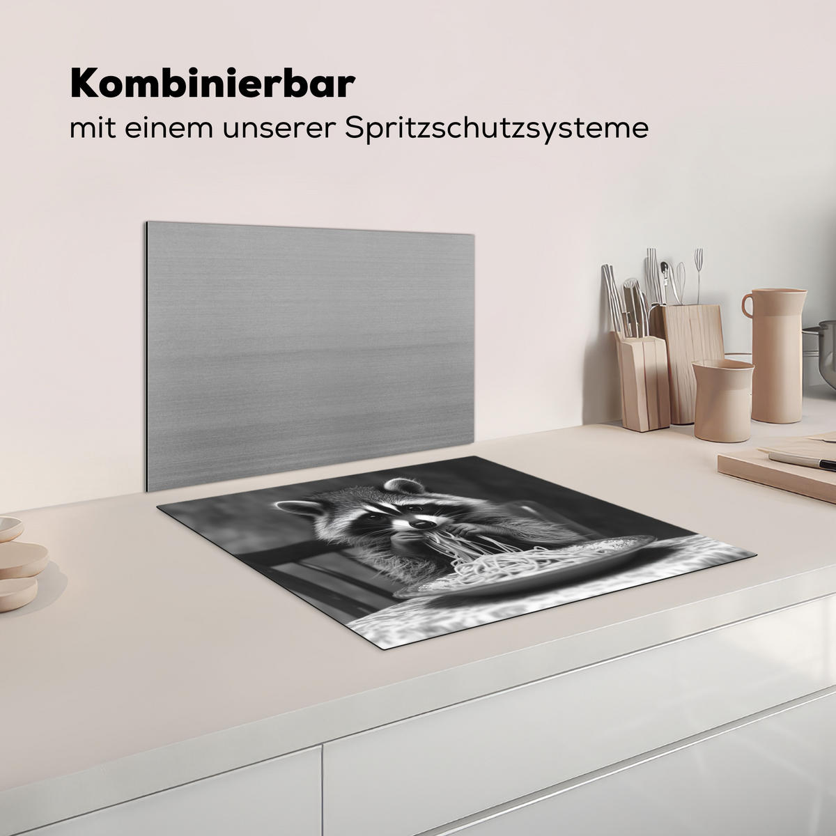 HERDABDECKPLATTE Waschbär - Niedlich - Pasta - Tischtuch - Schwarz - Weiß Herdabdeckung Induktionsfeld 60x52 cm - Grau, Kunststoff (60/52/0.2cm) - MuchoWow