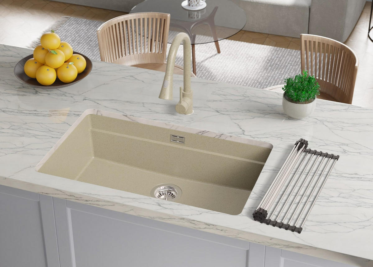 UNTERBAUSPÜLE GRANIT Praga, 2-er set Beige 76/47 cm 1 Becken + Ablauf-Set + Aufrollbare Abtropffläche ab 80er Unterschrank - Chromfarben/Beige, Kunststoff (76/20/47cm) - Primagran