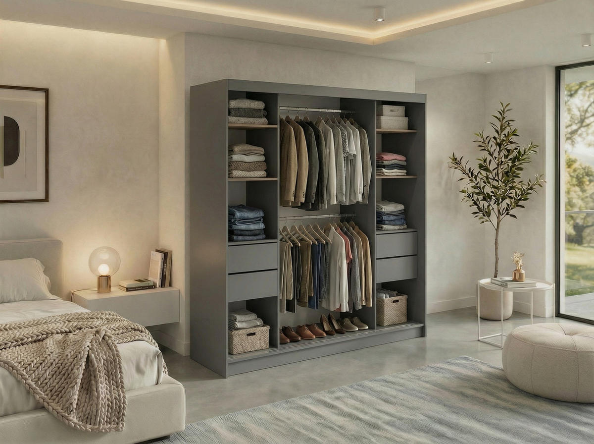 SCHWEBETÜRENSCHRANK mit Schubladen 200 - GRECJA - Grau mit Spiegel - Alufarben/Grau, Holzwerkstoff/Metall (200/216/61cm) - MKS