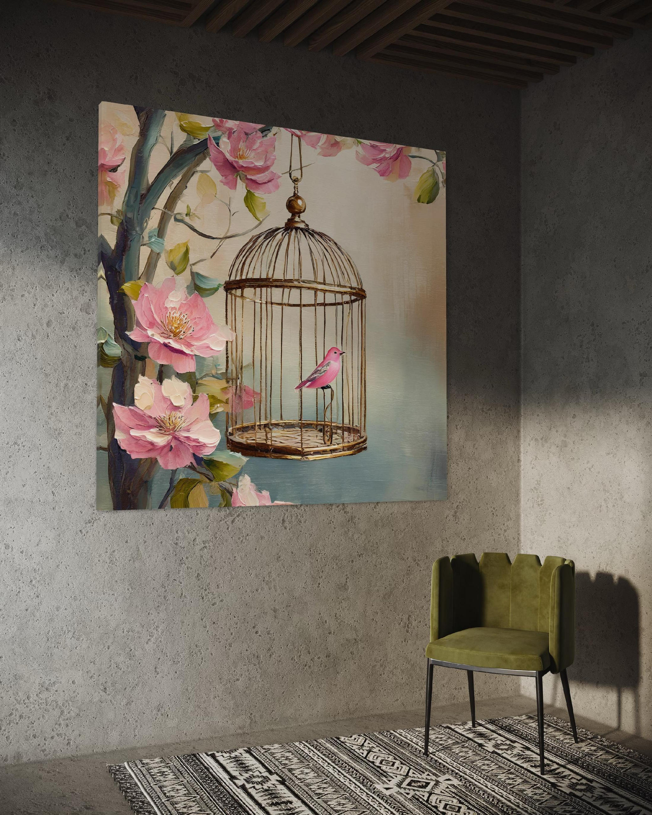 WANDBILD vogel shabby chic blumen - Pink, Textil (50/50cm) - Feeby